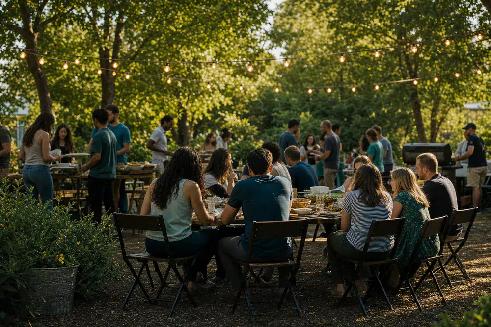 People gathered outdoors around picnic tables at a summer church cookout.