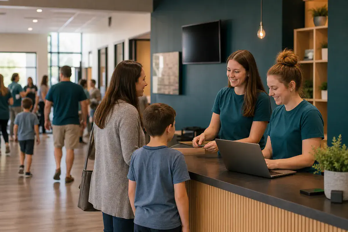 A parent and child checking in at the New Song Kids desk with two smiling teal-shirted volunteers.