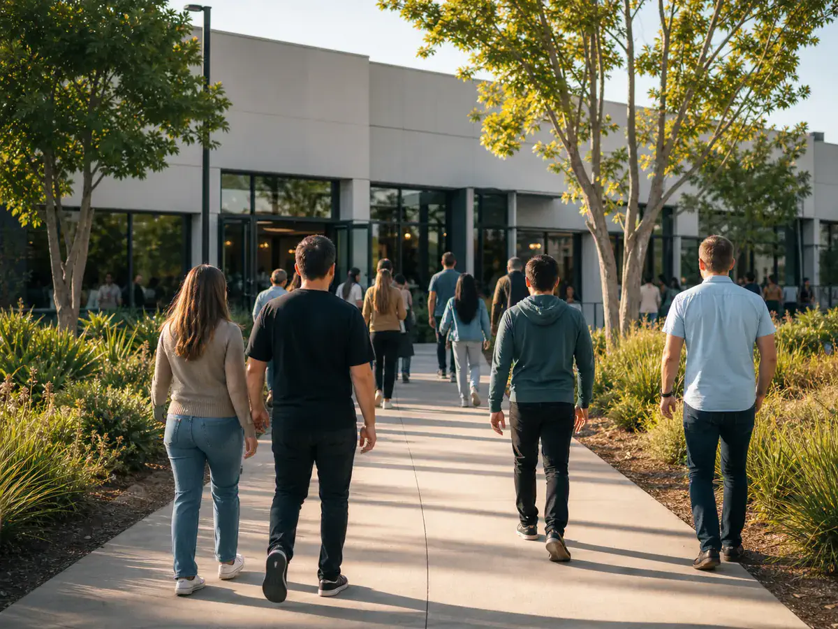 People walking toward the New Song Church entrance across a sunlit lot lined with young trees.