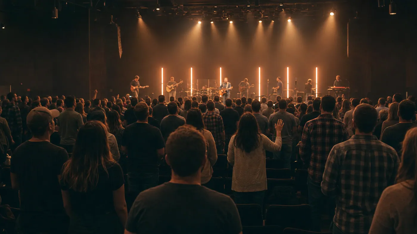 A packed auditorium seen from the back with stage lights up during a New Song worship service.