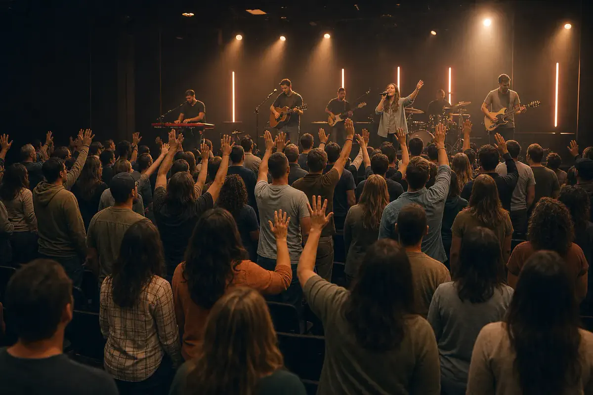A worship team on a low stage under warm coral light bars while a gathered crowd stands with hands raised.
