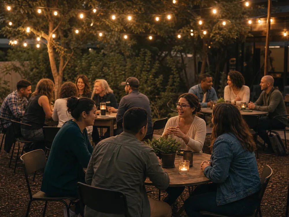 Adults talking and laughing around a table under warm string lights.