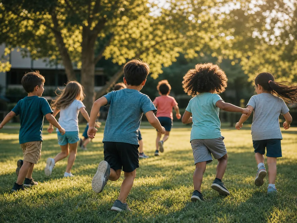 Children running and playing together outdoors in the sun.