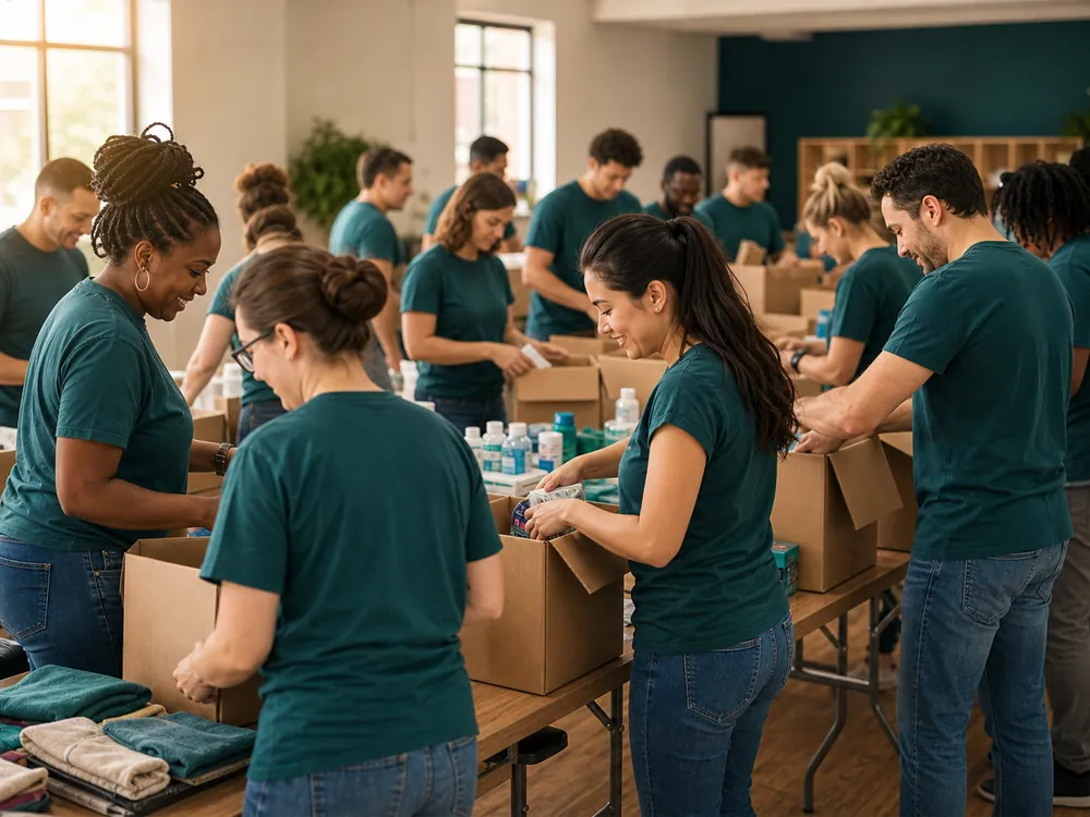 Volunteers in teal shirts packing boxes together on a serve day.
