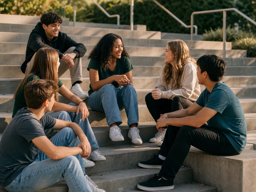 Teenagers sitting and talking together on a set of concrete steps.