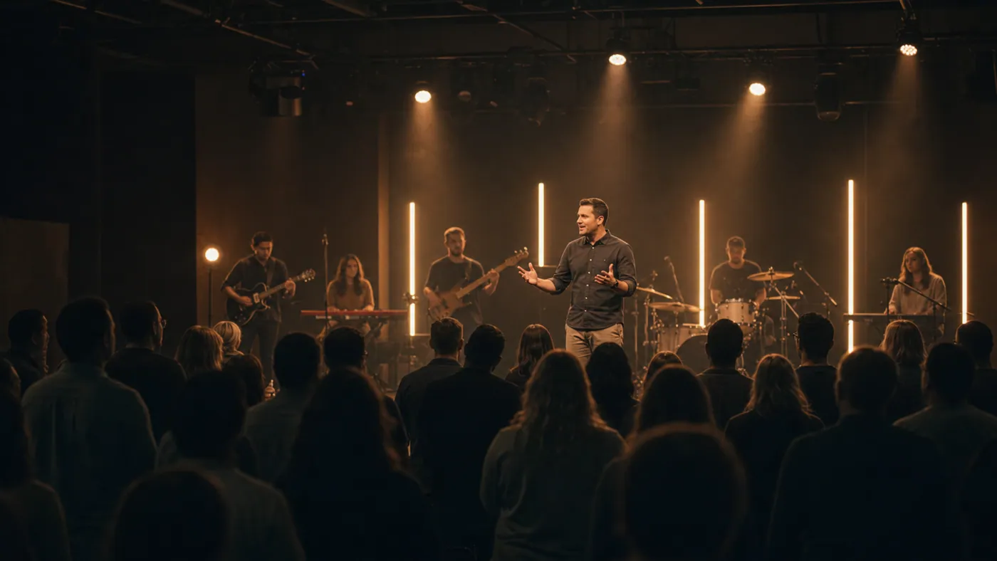 Pastor Daniel Cho speaking on stage during a New Song service, band and crowd behind him.
